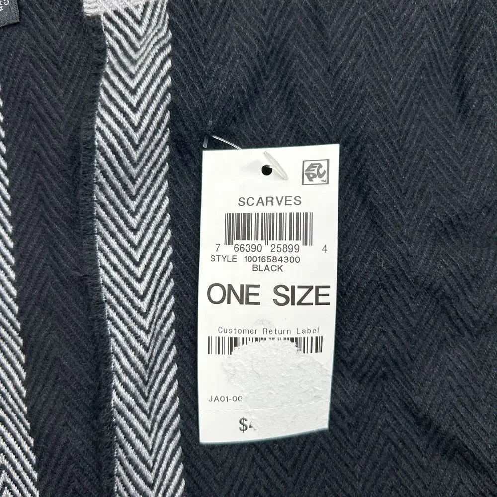 Alfani Black Herringbone Scarf Mens One Size Gray Trim Border Elegant Winter $50